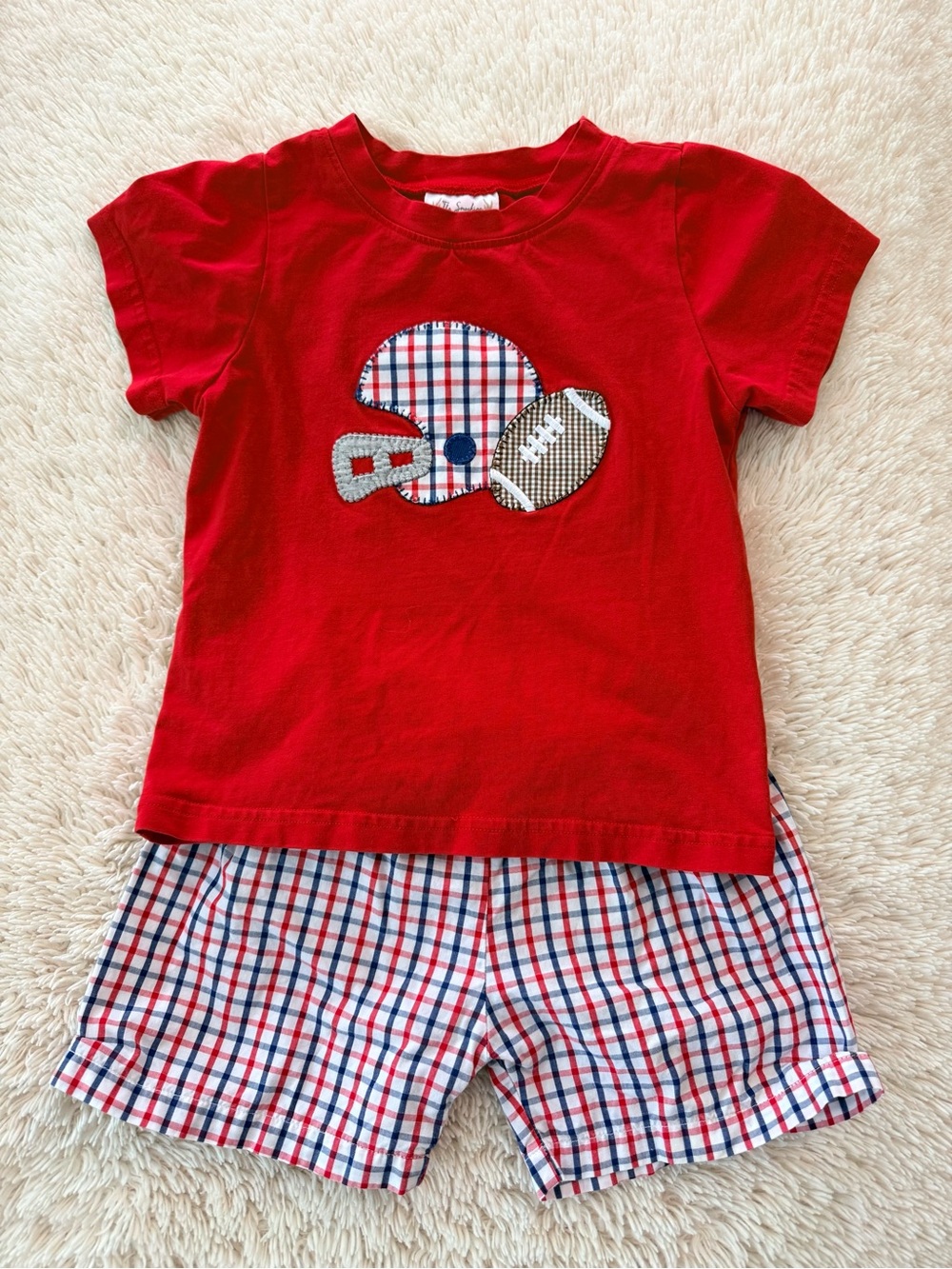 The Smocking Place Football Appliqué Tee and Plaid Shorts Set (size 3T)